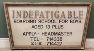 VINTAGE BUILDING SIGN for "Indefatigable Boarding School for Boys" on Anglesey, 86cms H, 160cms W,