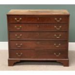 ANTIQUE MAHOGANY CHEST OF FIVE LONG DRAWERS with brass swan neck handles, on bracket supports, 90cms