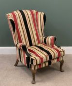 VINTAGE WINGBACK ARMCHAIR in modern striped upholstery, 100cms H, 74cms W, 56cms D