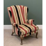 VINTAGE WINGBACK ARMCHAIR in modern striped upholstery, 100cms H, 74cms W, 56cms D