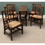 ANTIQUE OAK FARMHOUSE CHAIRS (5) with rush seats (including carver), 86cms H, 56cms W, 40cms D and a