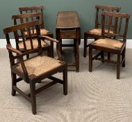 ANTIQUE OAK FARMHOUSE CHAIRS (5) with rush seats (including carver), 86cms H, 56cms W, 40cms D and a