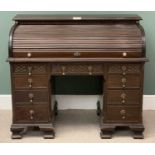 CIRCA 1900 MAHOGANY ROLL TOP DESK, quality example with twin pedestals having a tambour front,