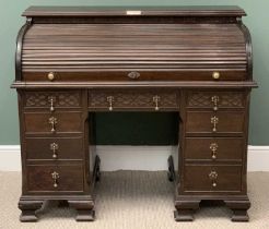 CIRCA 1900 MAHOGANY ROLL TOP DESK, quality example with twin pedestals having a tambour front,