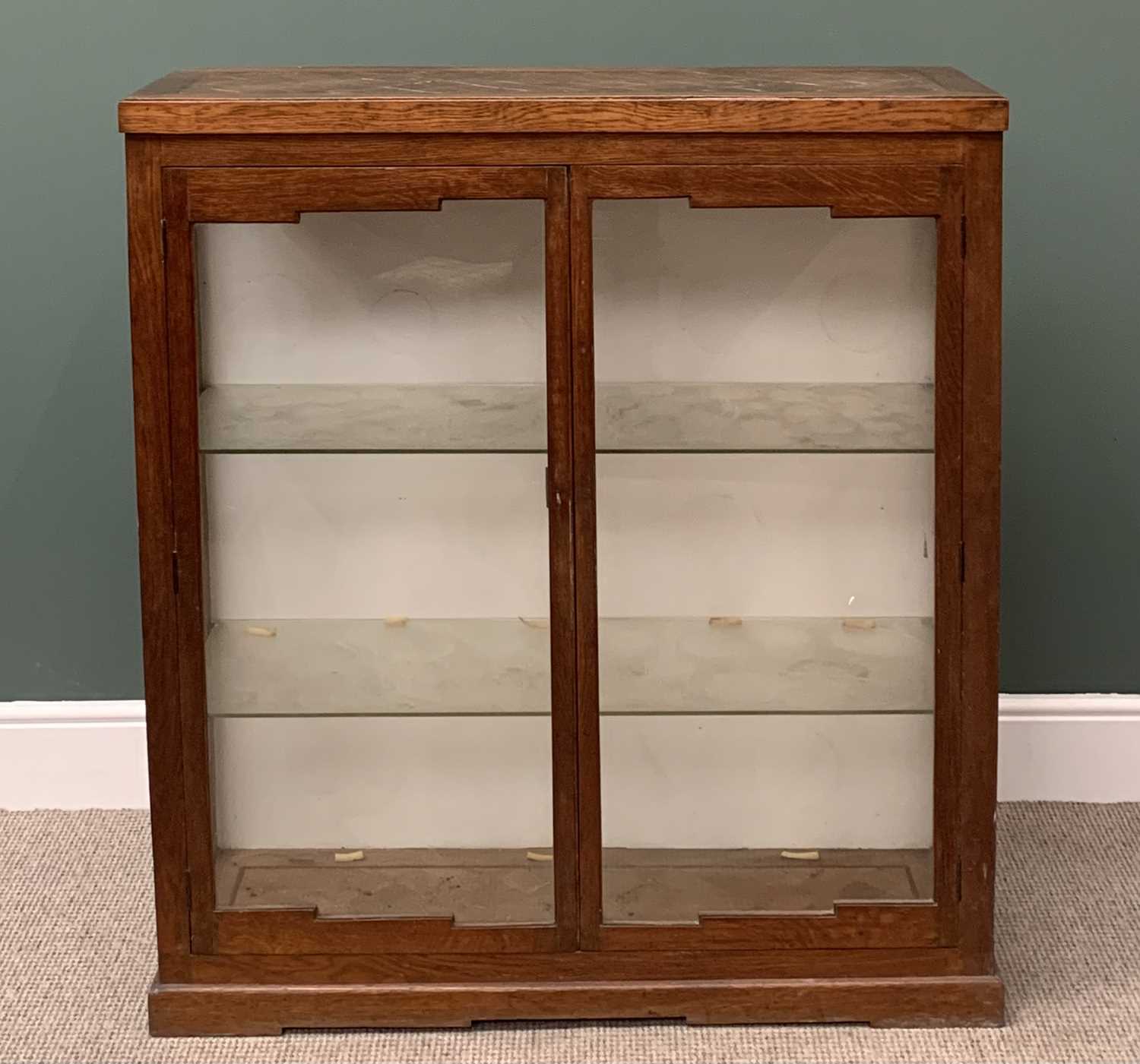 VINTAGE OAK DISPLAY CABINET with two glazed doors and chequered top, 117cms H, 106cms W, 36cms D