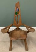 FOLK ART CHAIR, rustic oak unusual example with stained glass insert, 120cms H, 78cms W, 42cms D