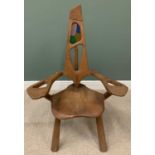 FOLK ART CHAIR, rustic oak unusual example with stained glass insert, 120cms H, 78cms W, 42cms D