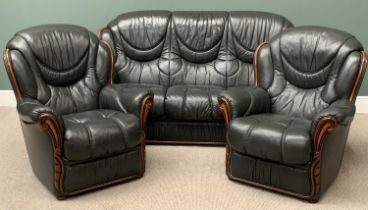 THREE PIECE LOUNGE SUITE, a fine wood and leather effect example by Gigilli, comprising sofa, 102cms