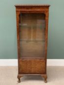 BURR WALNUT SINGLE DOOR CHINA CABINET on cabriole supports, 140cms H, 55cms W, 32cms D