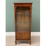 BURR WALNUT SINGLE DOOR CHINA CABINET on cabriole supports, 140cms H, 55cms W, 32cms D