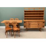 ARTS & CRAFTS STYLE PINE DINING FURNITURE comprising dresser, the base having three drawers and