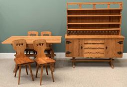 ARTS & CRAFTS STYLE PINE DINING FURNITURE comprising dresser, the base having three drawers and