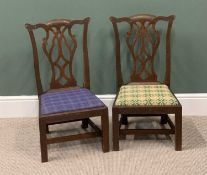 PAIR OF OPEN SPLAT ANTIQUE MAHOGANY DINING CHAIRS with "traditional Welsh blanket style" upholstered