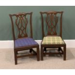 PAIR OF OPEN SPLAT ANTIQUE MAHOGANY DINING CHAIRS with "traditional Welsh blanket style" upholstered