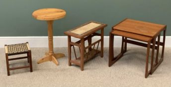 FURNITURE ASSORTMENT (4) to include a nest of two teak type tables, tiled top magazine table, pine