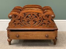 VICTORIAN WALNUT CANTERBURY with single base drawer, on turned supports, 42cms H, 55cms W, 40cms D