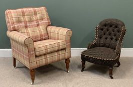 BURBERRY STYLE CHECK UPHOLSTERED EASY CHAIR on mahogany turned supports and castors, 97cms H,