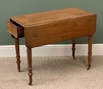 ANTIQUE MAHOGANY PEMBROKE TABLE on turned supports, with single end drawer, 91cms H, 90cms W,