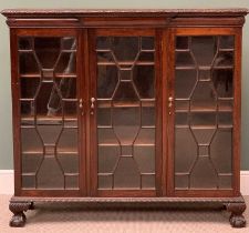 ANTIQUE MAHOGANY BOOKCASE with triple 15 pane astragal glazed doors, adjustable shelved interior, on