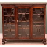 ANTIQUE MAHOGANY BOOKCASE with triple 15 pane astragal glazed doors, adjustable shelved interior, on