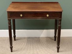 VICTORIAN MAHOGANY SINGLE DRAWER DESK on reeded supports, 80cms H, 91cms W, 52cms D