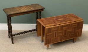 ANTIQUE GAMES TABLE with chequerboard top and turned stretcher, 70cms H, 83cms W, 40cms D and a