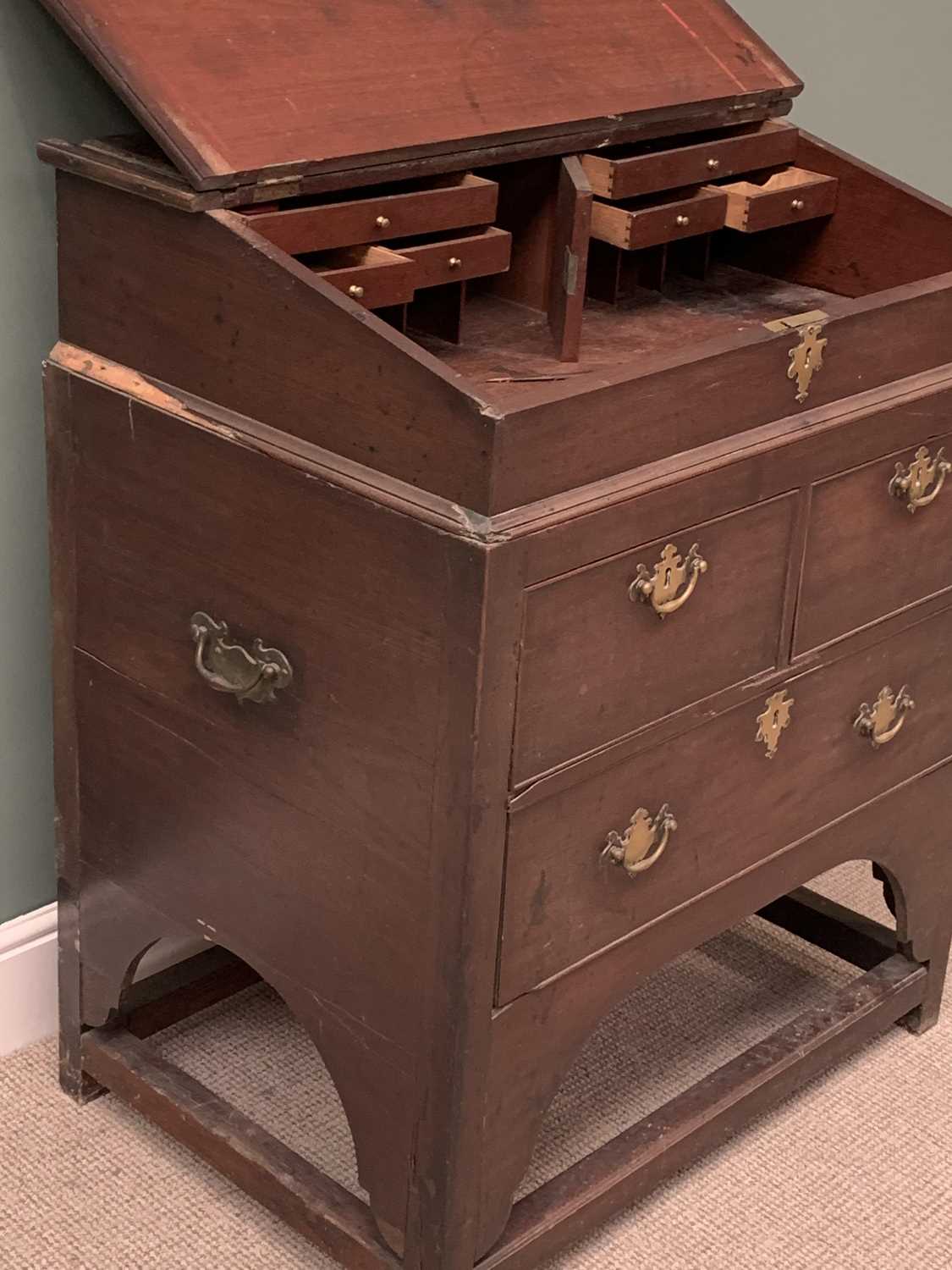 18th CENTURY MAHOGANY CAMPAIGN DICKENS TYPE DESK with slope top and two short and one long drawer, - Image 2 of 3