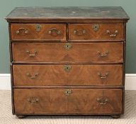 ANTIQUE FIGURED MAHOGANY CHEST of two short over three long drawers, with brass drop handles and