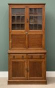 VINTAGE OAK KITCHEN CUPBOARD, the upper section with twin leaded glass doors and drop down