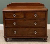 VICTORIAN MAHOGANY RAILBACK CHEST of two short over two long drawers with glass knobs, on bun feet