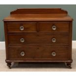 VICTORIAN MAHOGANY RAILBACK CHEST of two short over two long drawers with glass knobs, on bun feet