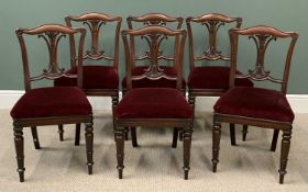 ANTIQUE CARVED MAHOGANY DINING CHAIRS (6) with upholstered seats, on turned supports, 89cms H, 47cms