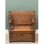 VINTAGE CARVED OAK MONK'S BENCH, 73cms H, 92cms W, 48cms D (closed)