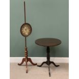 VICTORIAN MAHOGANY POLE SCREEN, 175cms H and an ANTIQUE OAK CIRCULAR TILT TOP TRIPOD TABLE, 76cms H,