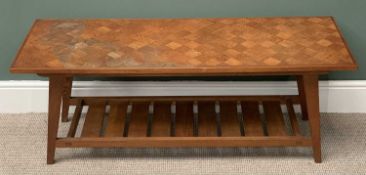 MID-CENTURY LONG JOHN COFFEE TABLE with block pattern effect top and lower slatted shelf, 48cms H,