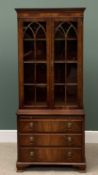 REPRODUCTION MAHOGANY BOOKCASE CHEST with upper glazed doors and multi-shelf interior over a pull