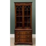 REPRODUCTION MAHOGANY BOOKCASE CHEST with upper glazed doors and multi-shelf interior over a pull
