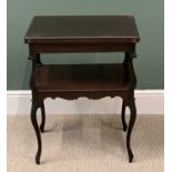 ANTIQUE EBONIZED FOLDOVER CARD TABLE twist top, baize lined interior, and lower shelf, on serpentine