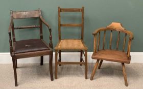 VINTAGE CHAIR ASSORTMENT to include a primitive stickback tub chair, a mahogany elbow chair and a