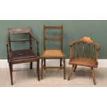 VINTAGE CHAIR ASSORTMENT to include a primitive stickback tub chair, a mahogany elbow chair and a