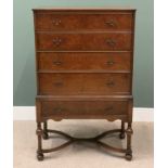 REPRODUCTION BURR WALNUT CHEST of five long drawers, on turned and ball supports with cross-