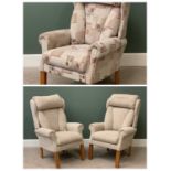 A PAIR OF GOOD MODERN EASY CHAIRS - light wood and upholstered and A MODERN FLORAL & ABSTRACT