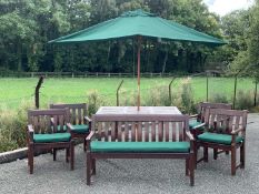 GARDEN FURNITURE to include hardwood bench, 92cms H, 150cms W, 57cms D, four chairs, 92cms H,