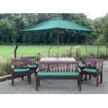 GARDEN FURNITURE to include hardwood bench, 92cms H, 150cms W, 57cms D, four chairs, 92cms H,