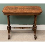 VICTORIAN BURR WALNUT FOLDOVER CARD TABLE baize lined interior with turned stretcher on carved