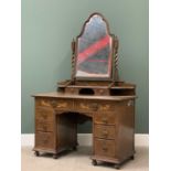 SEMI ARTS & CRAFTS OAK TWIN PEDESTAL DRESSING TABLE with inlay detail, stylised handles and twist