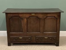 ANTIQUE OAK MULE CHEST with three shaped and moulded panel front and two base drawers, 87cms H,