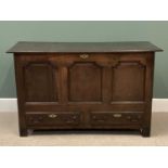 ANTIQUE OAK MULE CHEST with three shaped and moulded panel front and two base drawers, 87cms H,