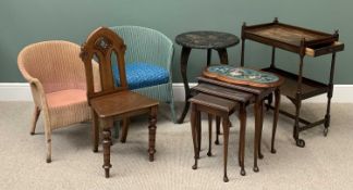 FURNITURE ASSORTMENT (7) to include two loom chairs, hall chair, carved top table, single drawer