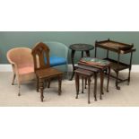 FURNITURE ASSORTMENT (7) to include two loom chairs, hall chair, carved top table, single drawer